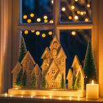 Decorative window display with houses and trees on a sill, illuminated by candles and lights.