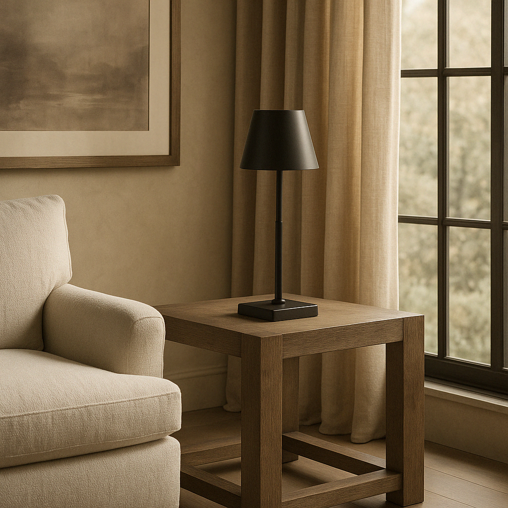 Maja Wireless Lamp in black on rustic side table