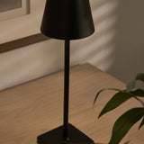 Modern black table lamp styled in a contemporary living space