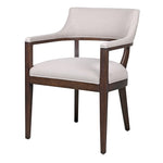 Chair with wooden frame and white cushion on a white background