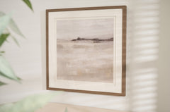 Minimalist landscape wall art with soft neutral tones in a wooden frame titled Misty Morning by Charles Ted