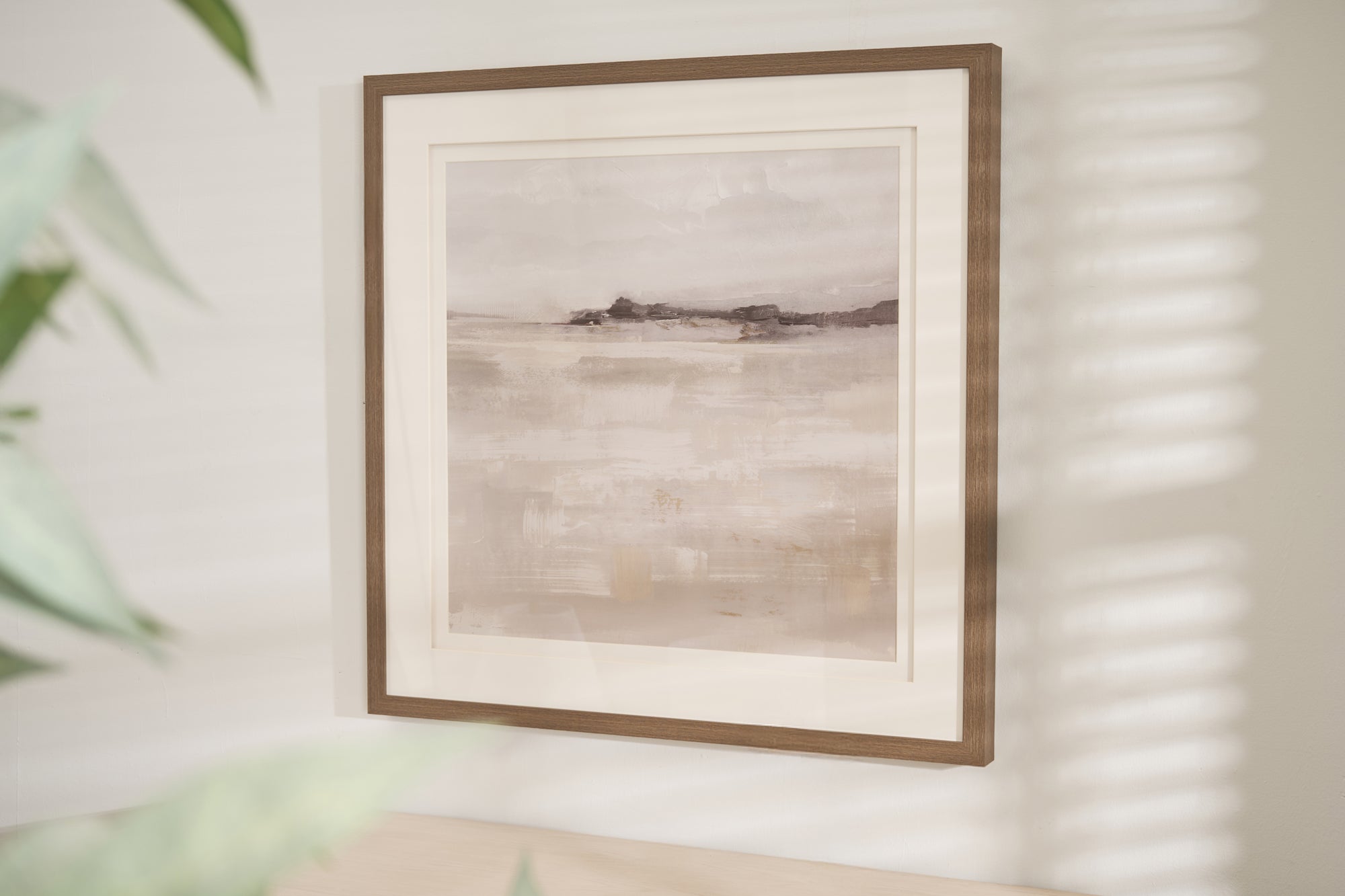 Minimalist landscape wall art with soft neutral tones in a wooden frame titled Misty Morning by Charles Ted