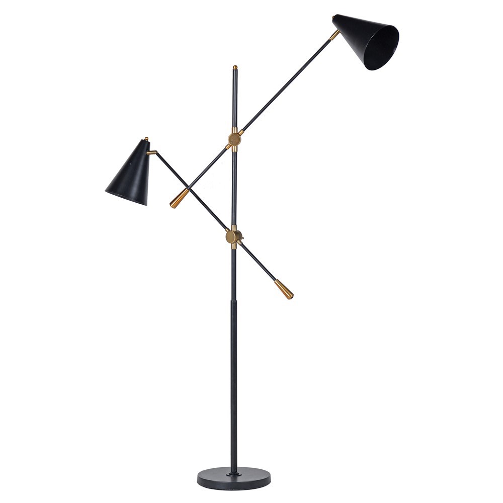Modern black and brass multi-arm floor lamp with adjustable cone shades