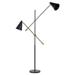 Modern black and brass multi-arm floor lamp with adjustable cone shades