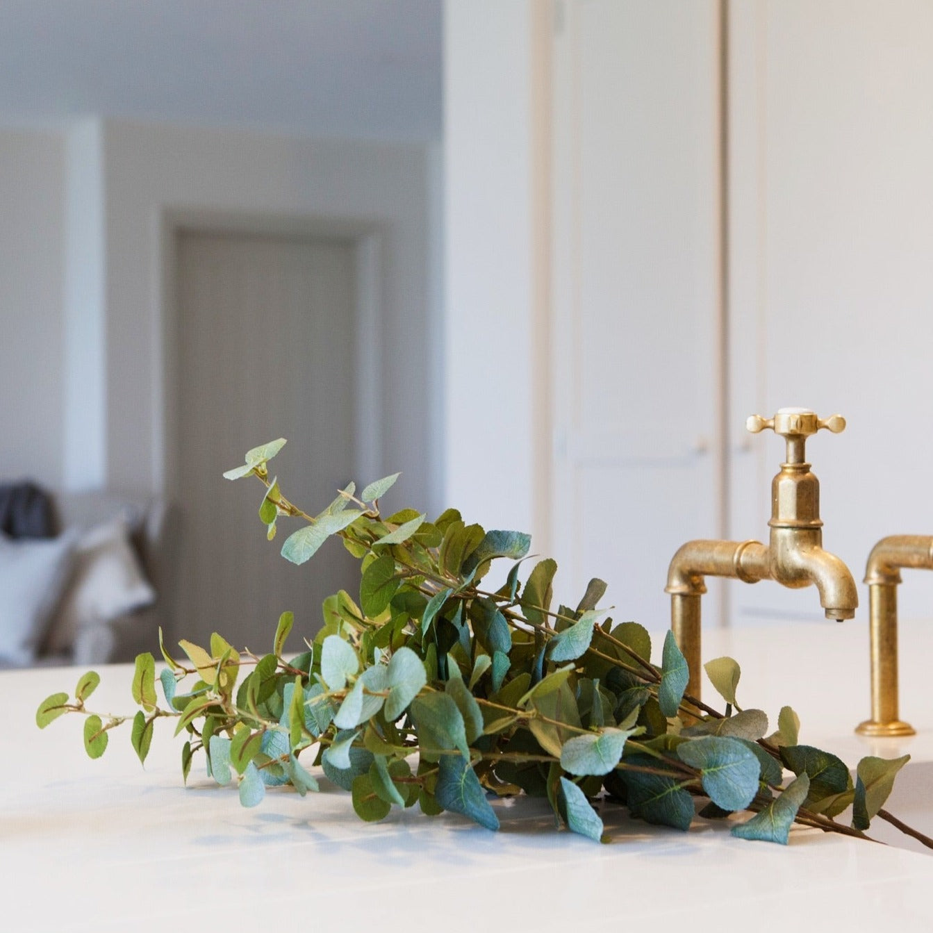 Gold faucet with eucalyptus leaves on a white surface