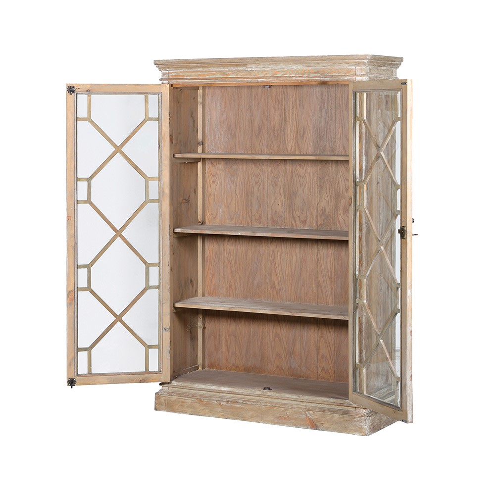 Side angle of New England style glazed pine cabinet