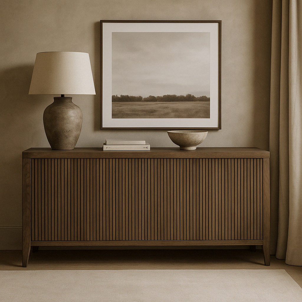 Add warmth and sophistication to your home with our beautifully crafted oak sideboard, designed to blend seamlessly with both modern and traditional interiors. Made using high-quality solid oak and oak veneer, this sideboard features clean lines and fluted door detailing, creating a stylish focal point for your dining room, living room, or hallway.

Behind the four soft-close doors lies generous internal storage, perfect for organizing dinnerware, linens, or media accessories. The rich, natural wood grain a