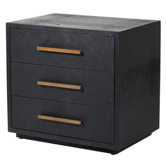 Black three-drawer nightstand with bronze handles on a white background