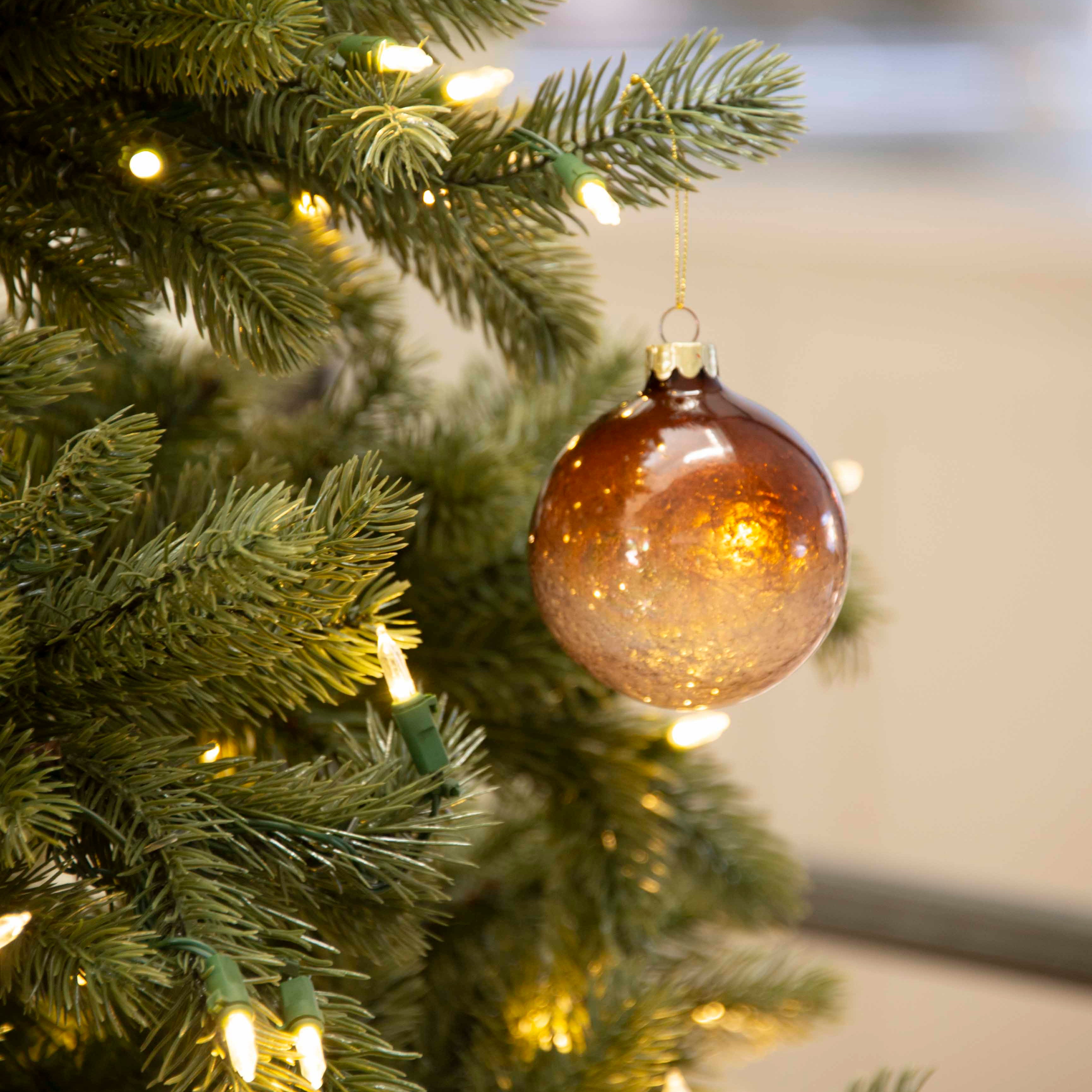 Charles Ted bauble hanging on Christmas tree with lights