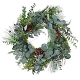 A beautiful full wreath, created using silver dollar eucalyptus, natural eucalyptus, blueberry stems, pine spray and finished with pine cones