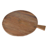 Round wooden breadboard of recycled elm, with a dovetailed wooden handle