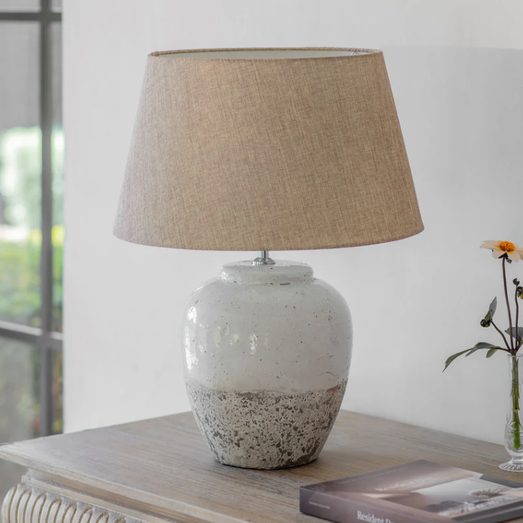 Elegant two tone ceramic table lamp with shade styled in living space
