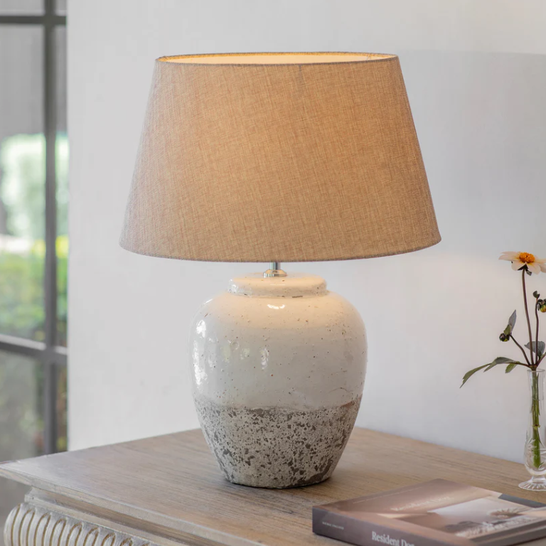 Elegant two tone ceramic table lamp with shade styled in living space
