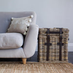 Wicker end table with lid and leather buckles
