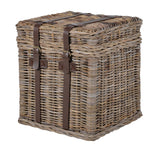 Closed wicker storage basket with leather straps front view