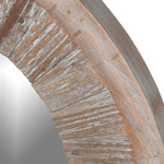 Close-up of distressed rustic wood frame on Charles Ted Round Mirror
