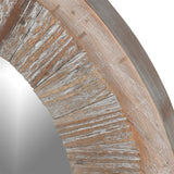 Close-up of distressed rustic wood frame on Charles Ted Round Mirror