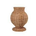 A beige, wicker rattan vase with a bulbous shape, crafted from fine materials.
