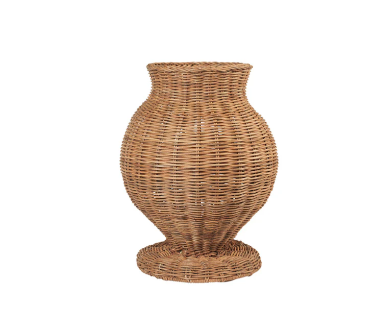 A beige, wicker rattan vase with a bulbous shape, crafted from fine materials.
