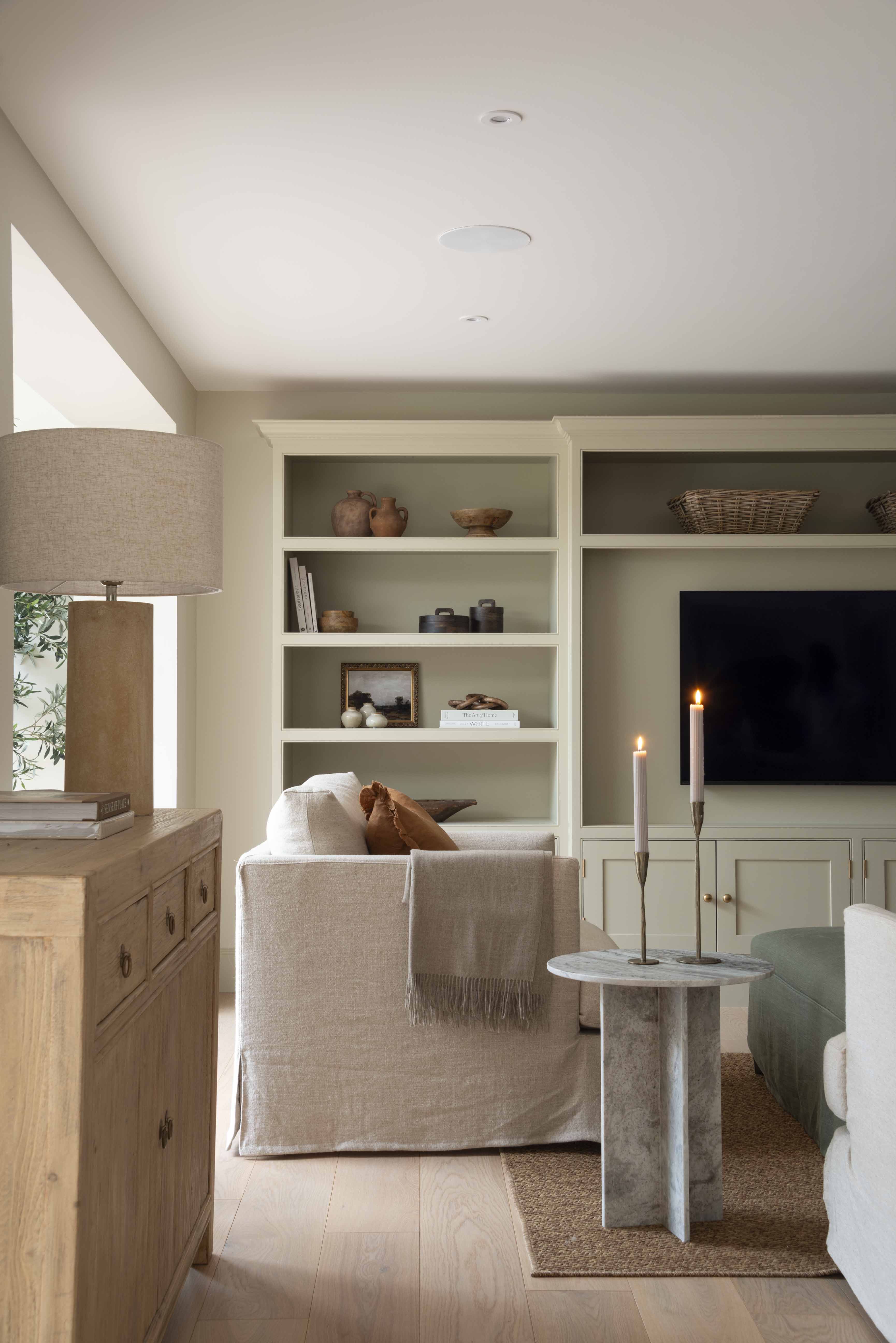 Charles Ted Sorrento Marble Side Table styled in living room with candles