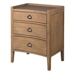 Wooden nightstand with three drawers on a white background