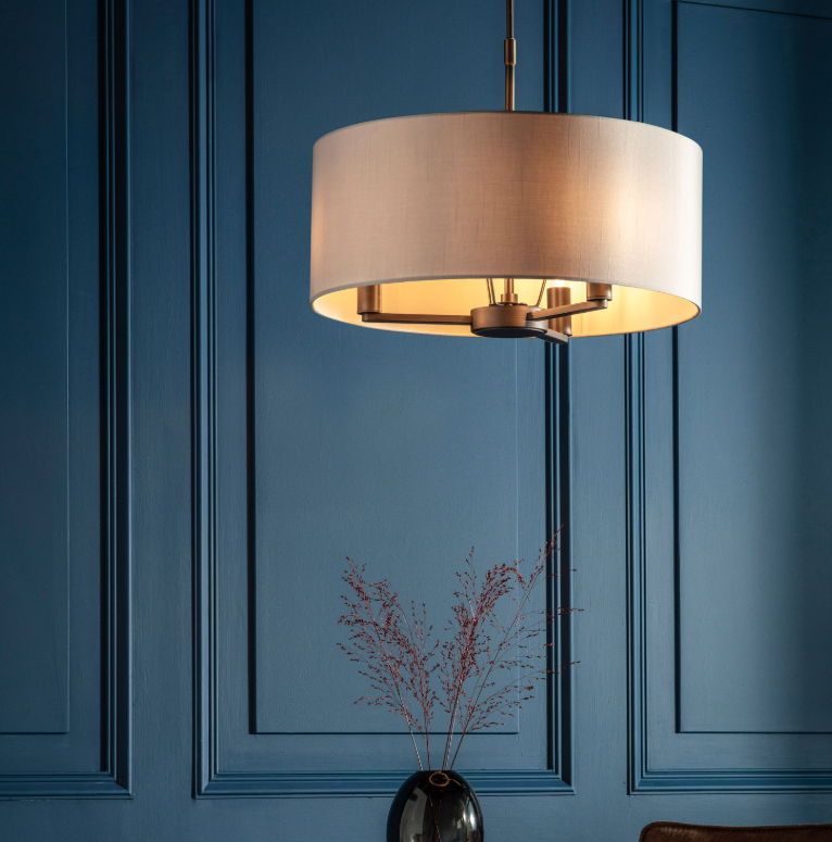 Chatsworth Pendant Light with linen drum shade and antique bronze frame