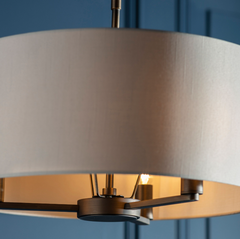 Chatsworth Pendant Light with linen drum shade and antique bronze frame