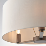 Close-up of a ceiling light fixture with a white lampshade and metallic fixtures.