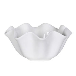 Single white ruffle edge bowl showing the sculptural fluted rim