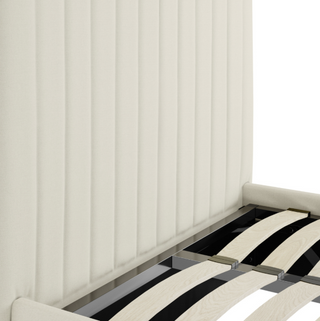 Chiltern fluted ottoman bed upholstered in cream Milk Weave fabric with vertical fluted headboard