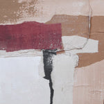 Close-up view of textured abstract wall art in earth tones with maroon, beige, white, and black layers.