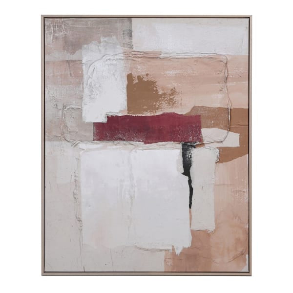 Full view of framed abstract canvas artwork with layered earthy tones and textures.