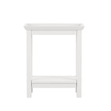 Cleo white side table with tray top and lower shelf shown from front angle