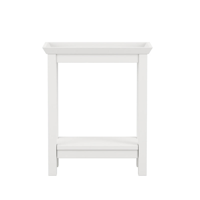Cleo white side table with tray top and lower shelf shown from front angle
