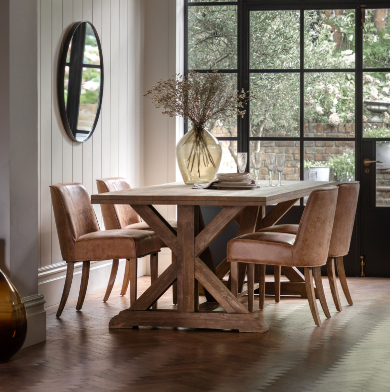 Clevedon Mango Wood Dining Table styled in dining room with chairs