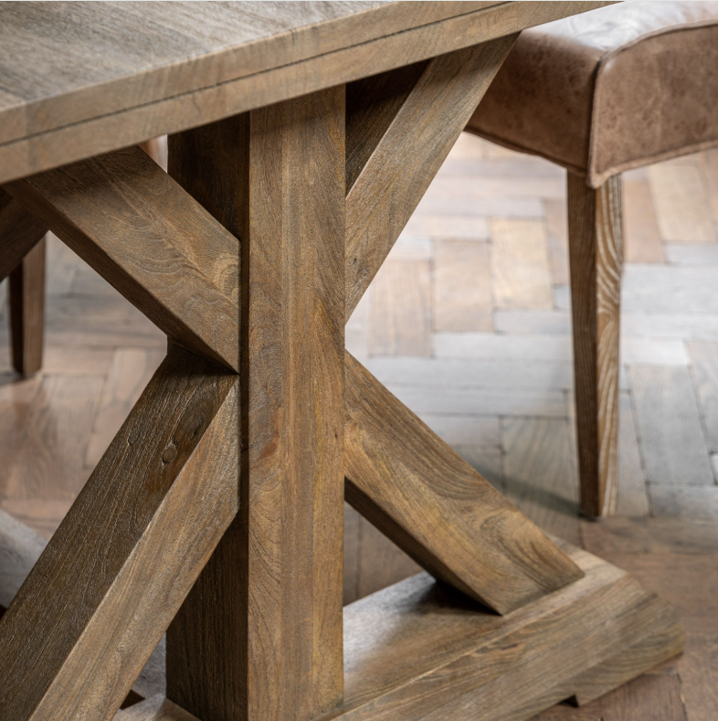 Clevedon Mango Wood Dining Table cross style pedestal base close up