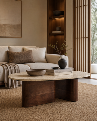 A modern round coffee table with a light beige stone top and dark brown block legs, styled in a minimalist living room next to a beige sofa.