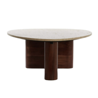 Como coffee table showing free-form travertine top and curved wood panel legs s