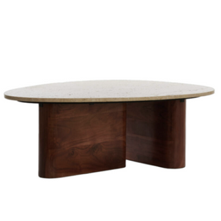Como travertine coffee table with organic sand-stone top on sculptural dark-wood base