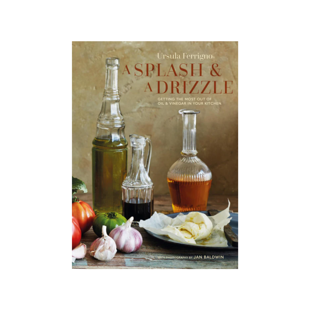 Book cover depicting bottles of oil and vinegar with cloves of garlic and peppers