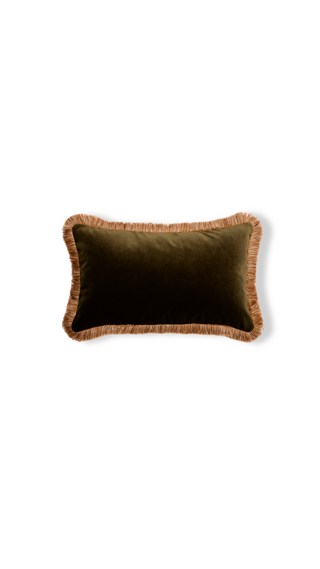 Naunton velvet rectangle cushion in dark juniper green with gold fringe
