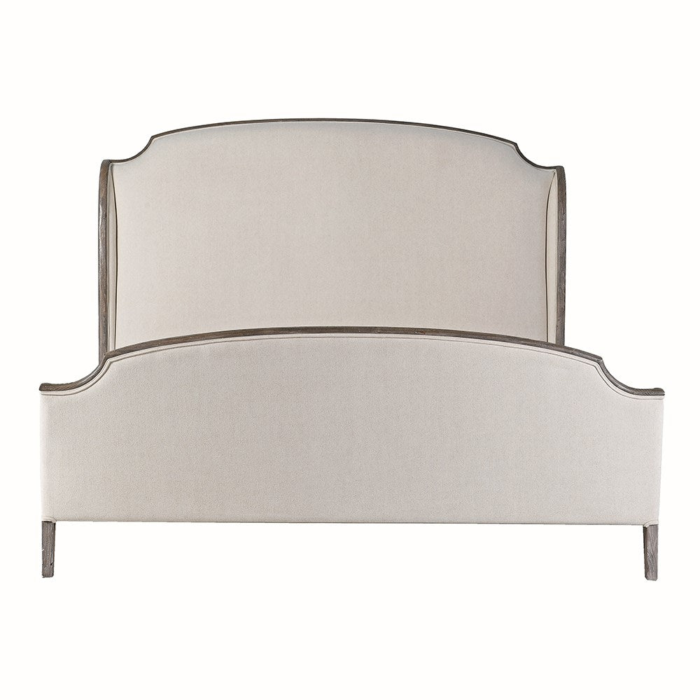 Full front view of Cotswolds Linen and Old Pine Super King Bed showing curved wooden frame