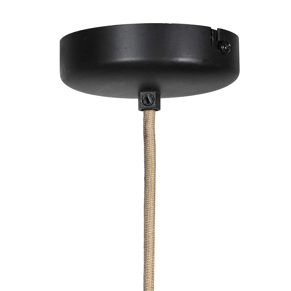 Black ceiling mount with a beige cord on a white background