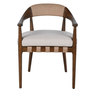 Curved ash arm detail on the Ashcombe dining chair; Linen seat cushion on the Ashcombe chair;