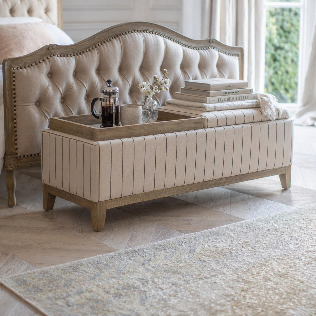 Henley striped upholstered storage ottoman with reversible wooden tray lid and oak frame