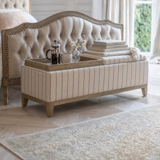 Henley striped upholstered storage ottoman with reversible wooden tray lid and oak frame