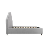 Denning fabric bed frame with tapered legs and wooden slats