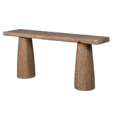 Angled view of the Dixie Reclaimed Pine Console Table with sculpted conical legs