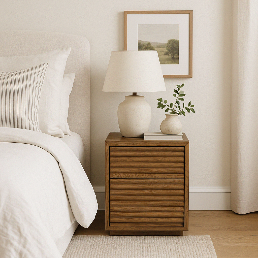 Dorset 2 drawer bedside in oak and MDF with walnut finish, 20% sheen. Horizontal ribbed panels on front only. Drawers on metal runners, soft close drawers.

45W x 40D x 60H cm; 29kg
