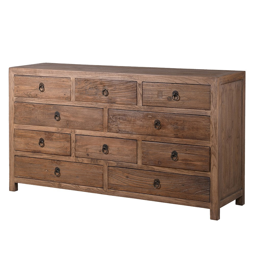 Draper reclaimed elm chest of drawers with multiple wooden drawers and metal ring pull handles